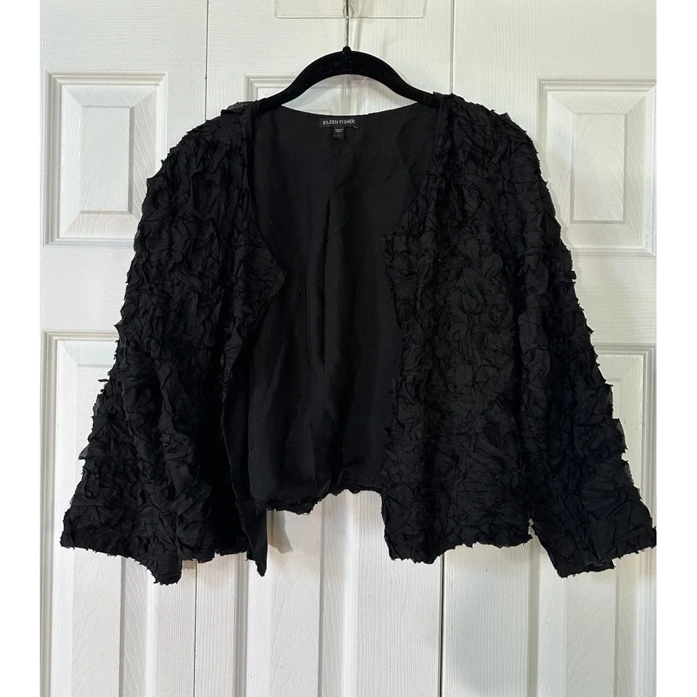 Eileen Fisher Black Textured Crinkle 100% Silk Cropped Jacket sz L